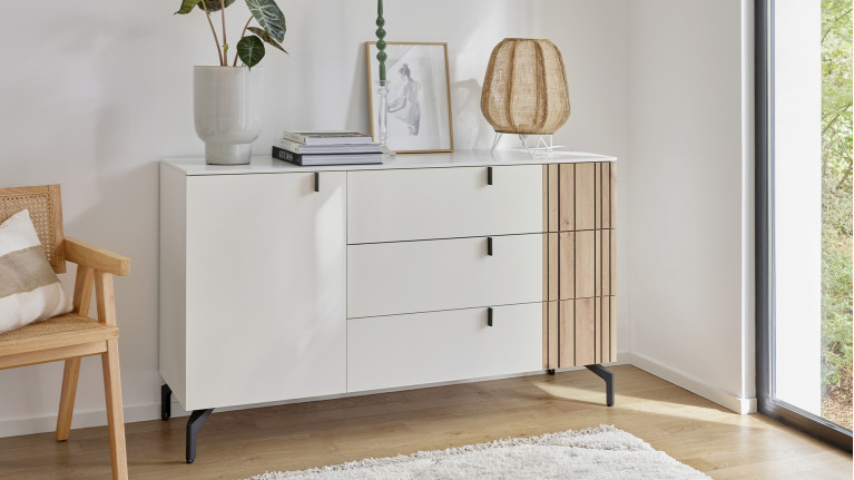 Commode 3 tiroirs et caisson haut, meuble salon combiné, Opale