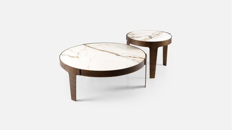 Table basse en acier avec plateau effet marbre doré, Jazzy