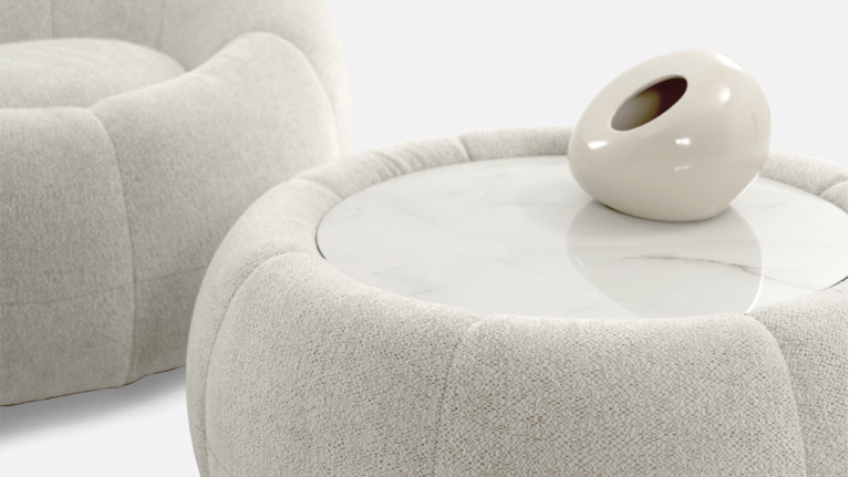 Pouf de salon design, rond avec plateau céramique, Joy