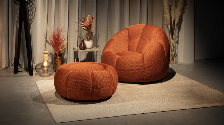 Pouf de salon design, rond avec plateau céramique, Joy