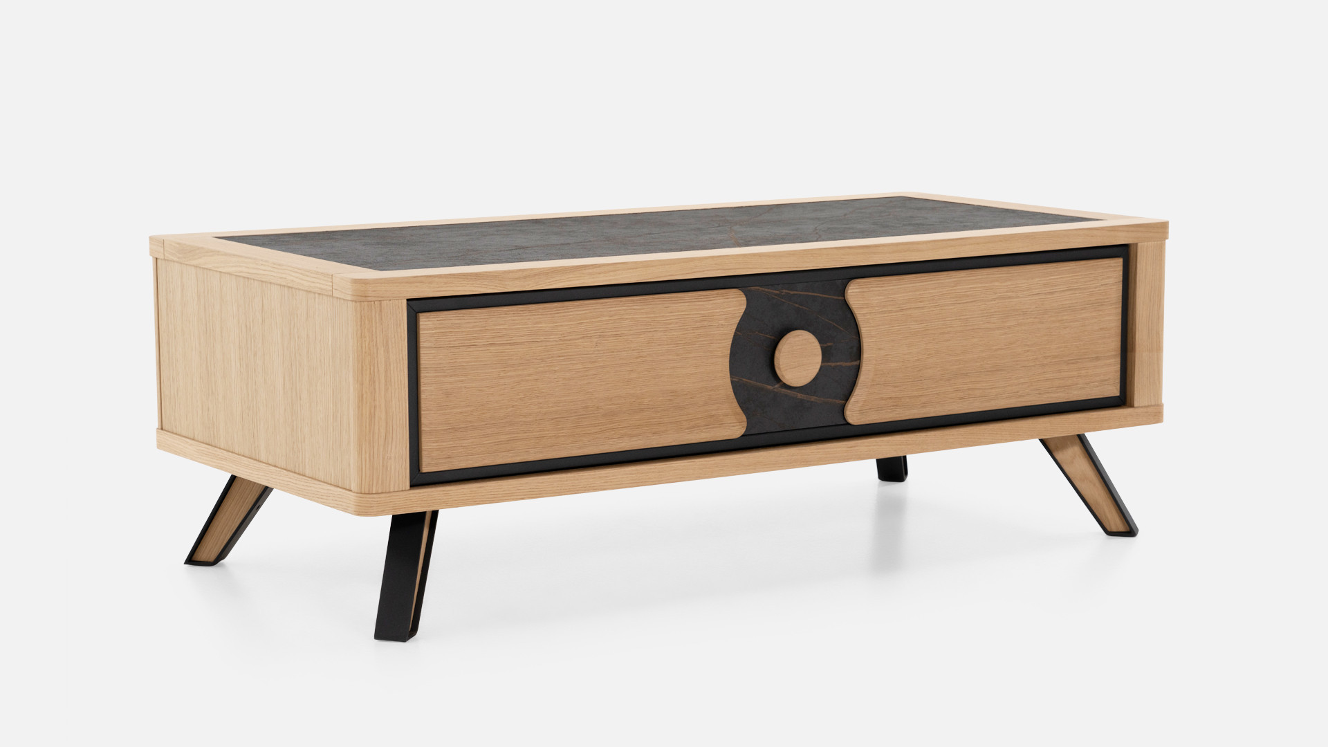 Table basse LOTUS | Bois naturel & plateau céramique veinée