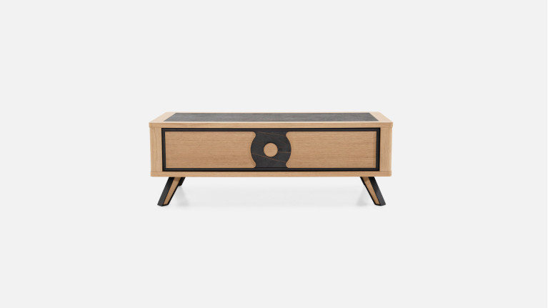 Table basse LOTUS | Bois naturel & plateau céramique veinée