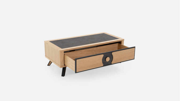 Table basse LOTUS | Bois naturel & plateau céramique veinée