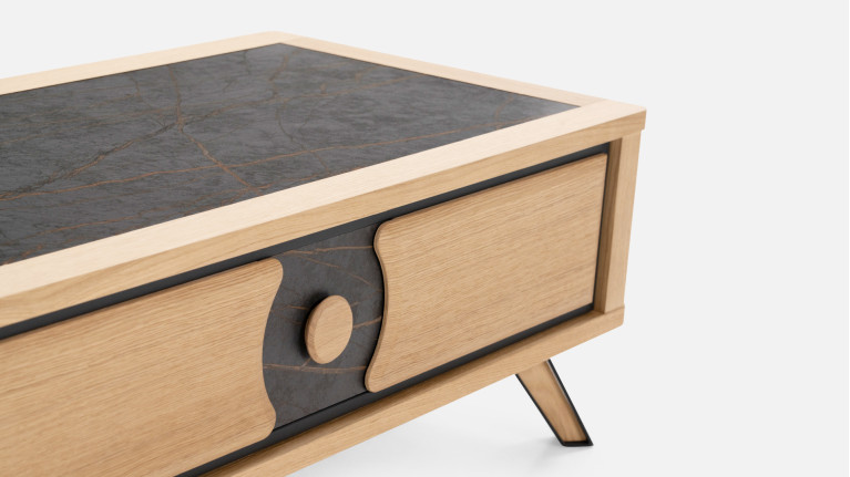 Table basse LOTUS | Bois naturel & plateau céramique veinée