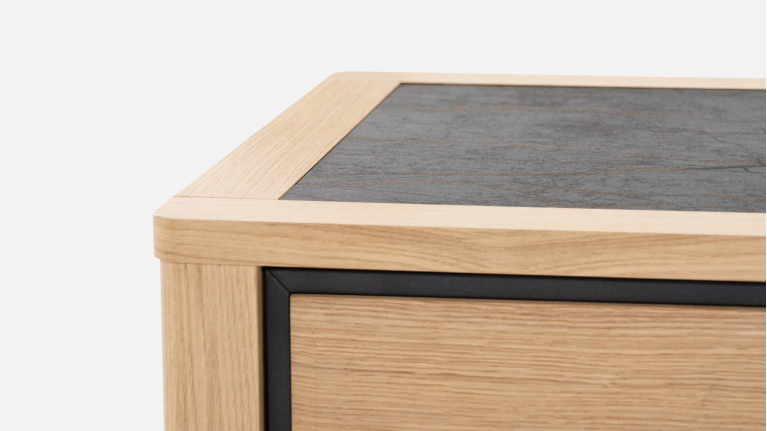 Table basse LOTUS | Bois naturel & plateau céramique veinée