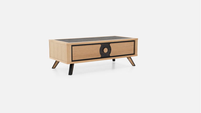 Table basse LOTUS | Bois naturel & plateau céramique veinée