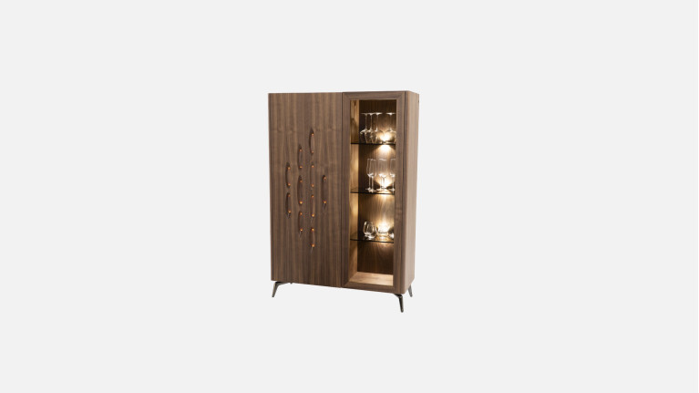 Vitrine OROS - Placage noyer naturel | Élégance sculptée et éclairage
