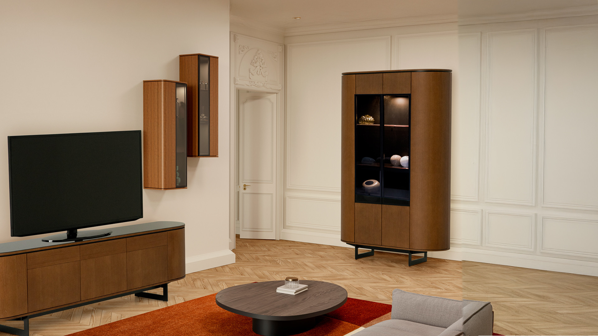 Vitrine COSMOS noyer | Design galbé et portes en verre fumé