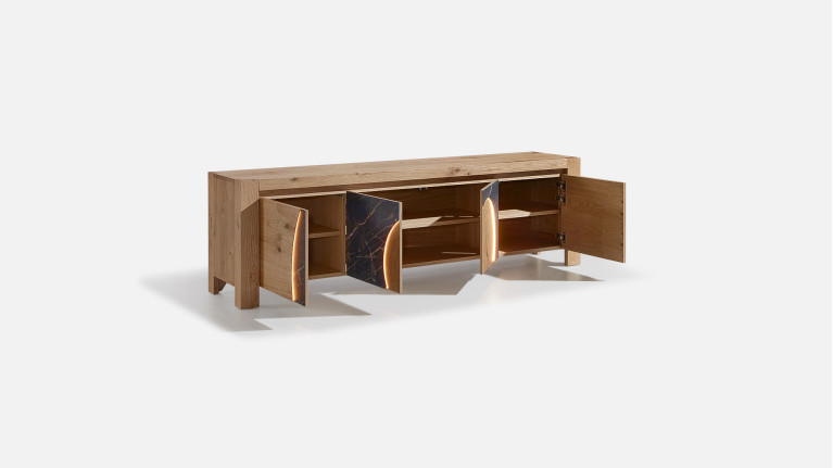 Meuble TV 4 portes, bois et céramique design VOGE