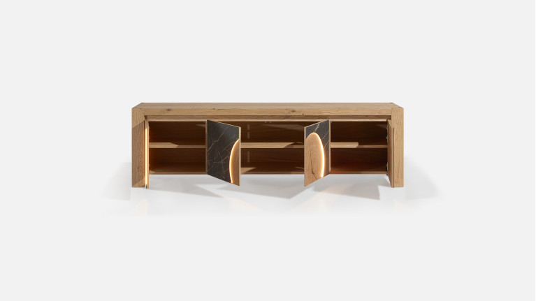 Meuble TV 4 portes, bois et céramique design VOGE