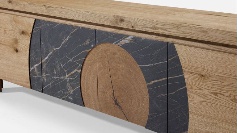 Meuble TV 4 portes, bois et céramique design VOGE