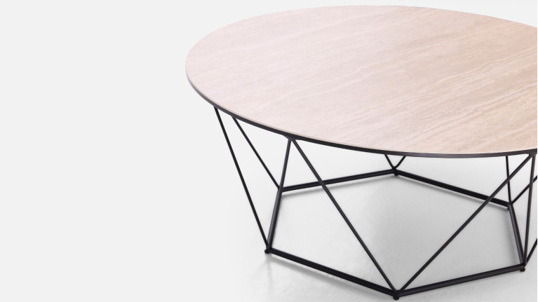 Table basse ronde ORION - Plateau céramique et piètement fer noir