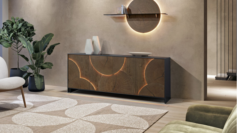 Buffet NEO EQUINOXE – Placage chêne, motifs rondins et éclairage LED