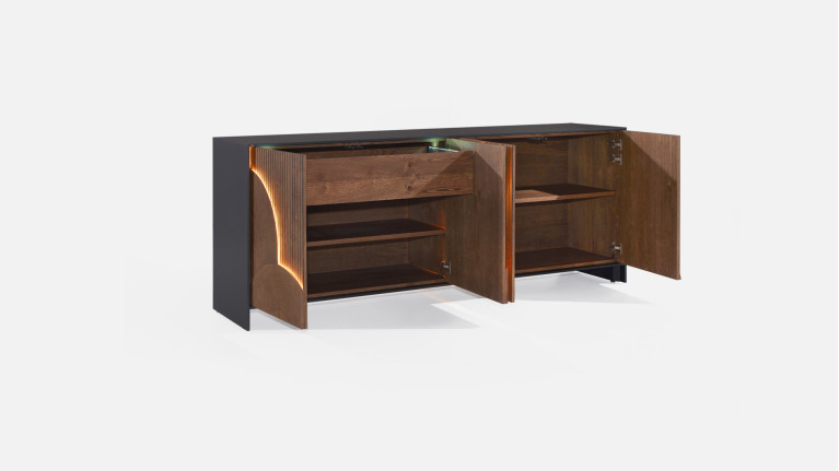 Buffet NEO EQUINOXE – Placage chêne, motifs rondins et éclairage LED