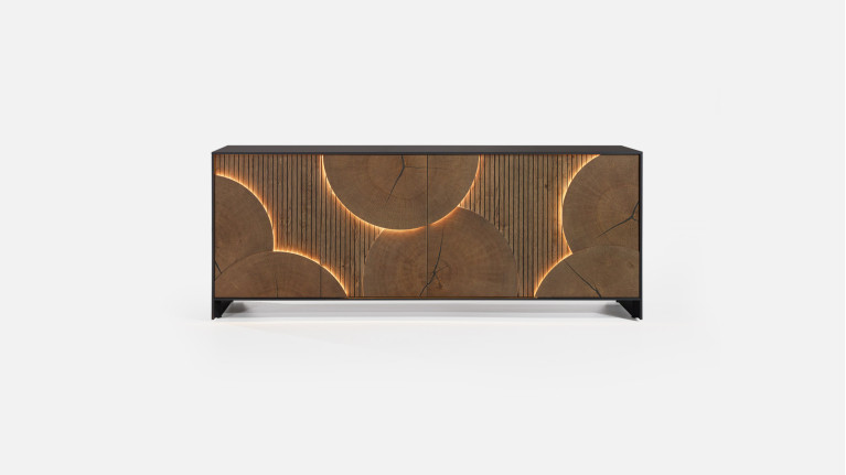 Buffet NEO EQUINOXE – Placage chêne, motifs rondins et éclairage LED