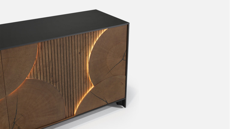 Buffet NEO EQUINOXE – Placage chêne, motifs rondins et éclairage LED