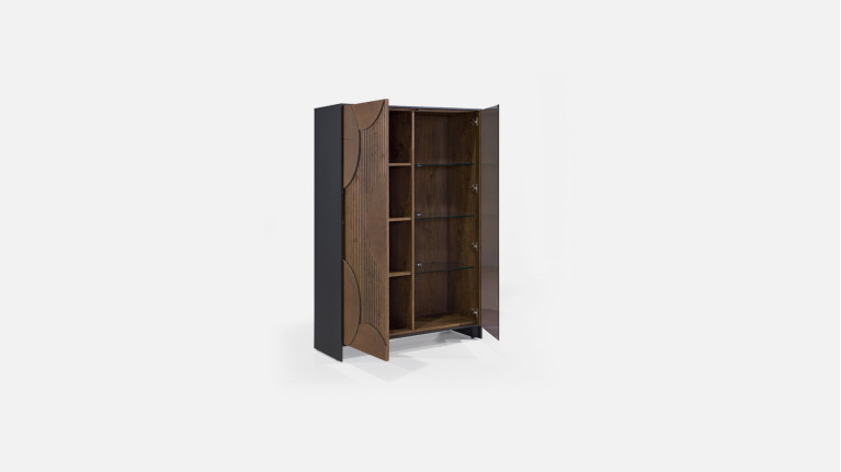 Vitrine NEO EQUINOXE – Placage chêne, étagères verre et éclairage LED