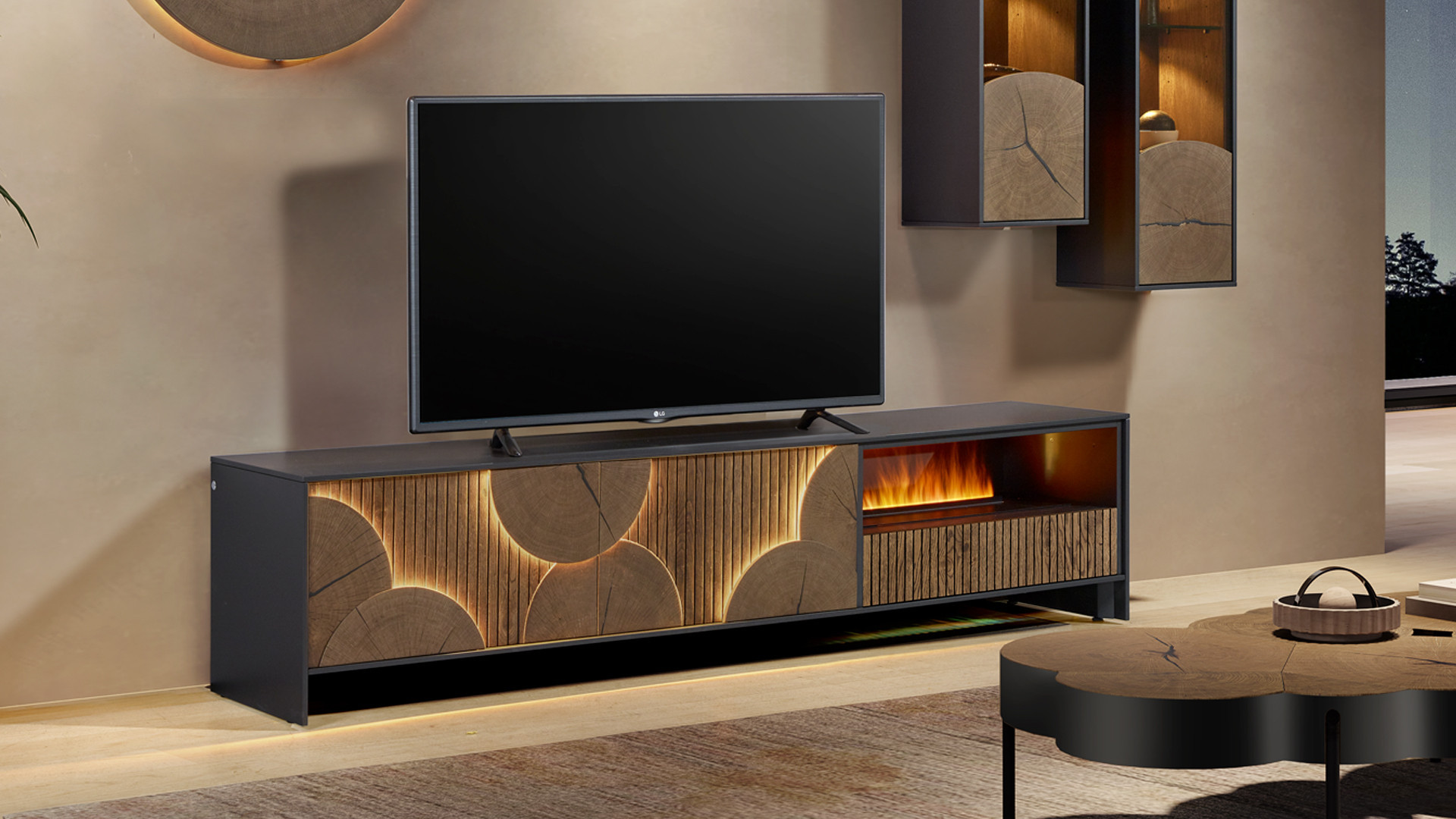 Meuble TV NEO EQUINOXE – Cheminée vapeur d'eau, placage chêne et LED