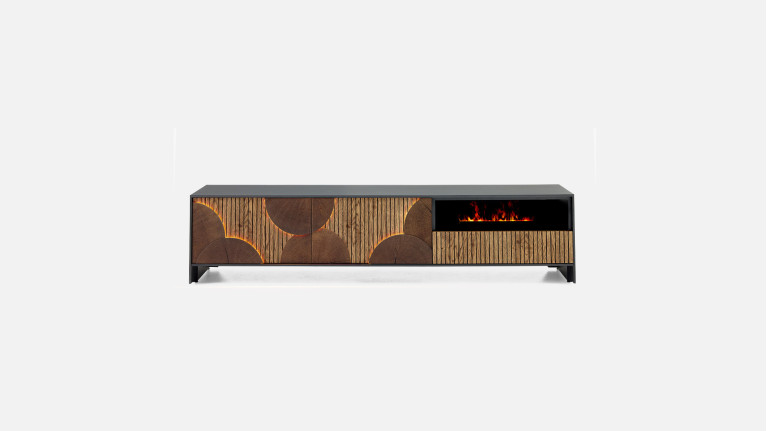 Meuble TV NEO EQUINOXE – Cheminée vapeur d'eau, placage chêne et LED
