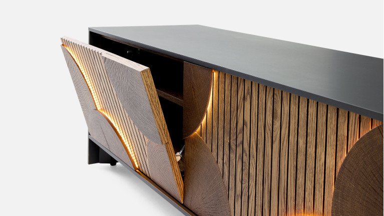 Meuble TV NEO EQUINOXE – Cheminée vapeur d'eau, placage chêne et LED
