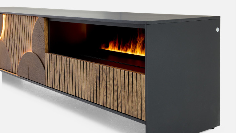 Meuble TV NEO EQUINOXE – Cheminée vapeur d'eau, placage chêne et LED