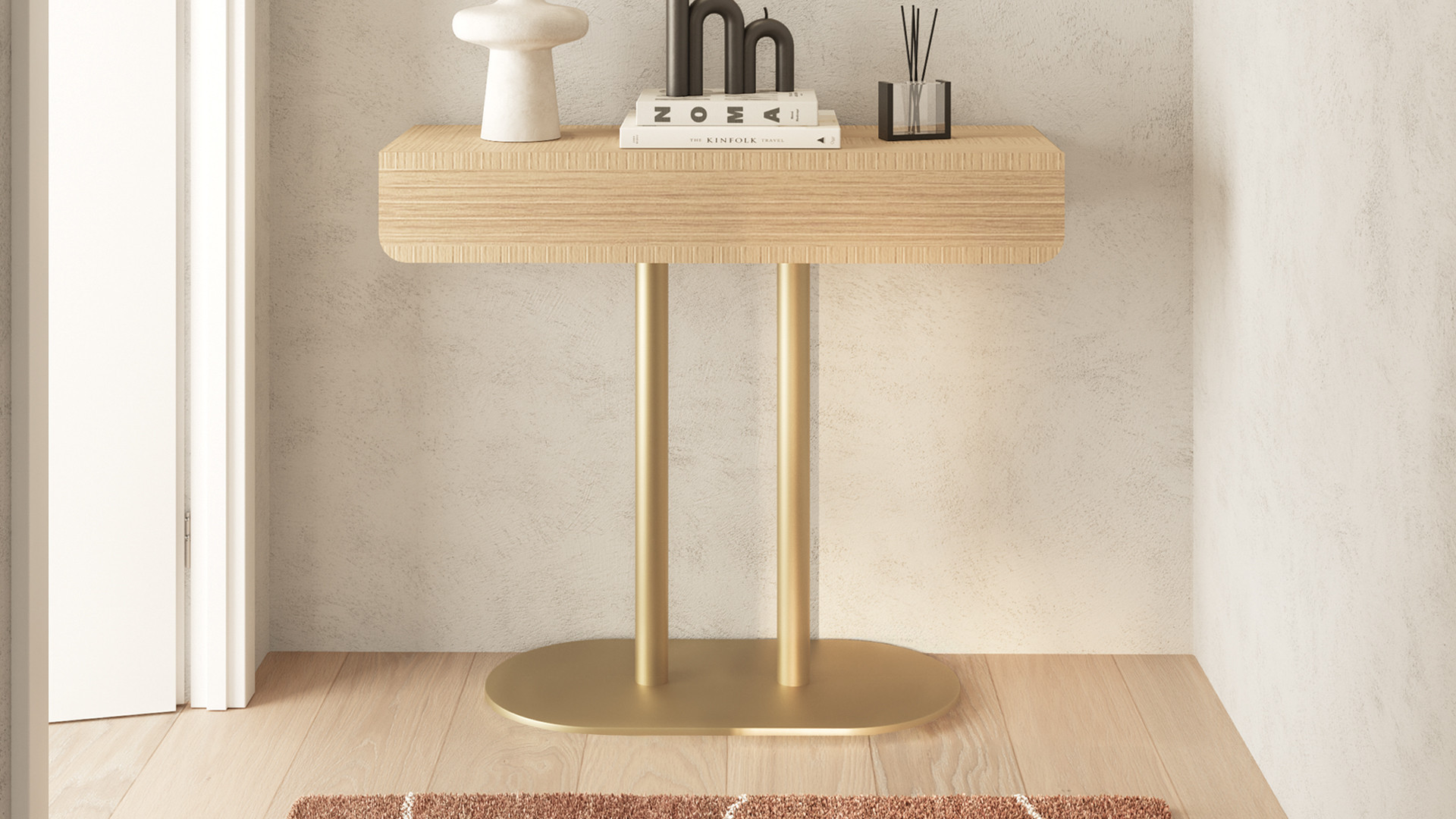 Console MAJESTIC, chêne griffé et piètement laiton mat