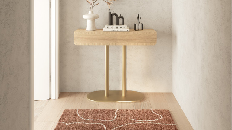Console MAJESTIC, chêne griffé et piètement laiton mat