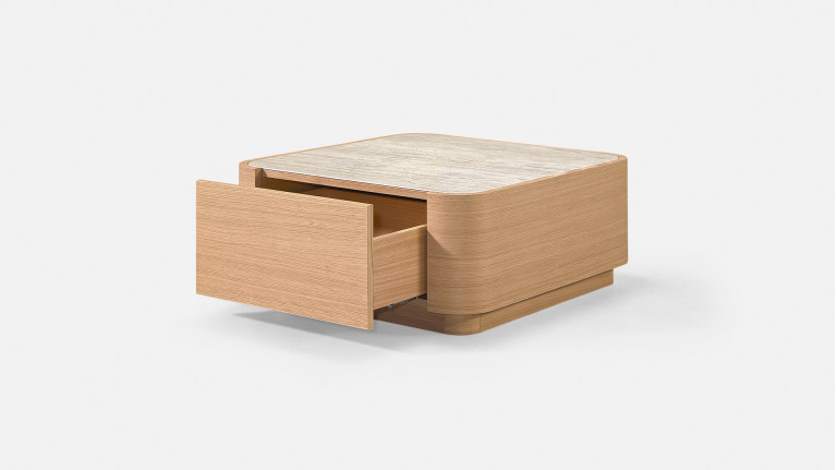 Table basse MINERA bois et placage eucalyptus avec tiroir