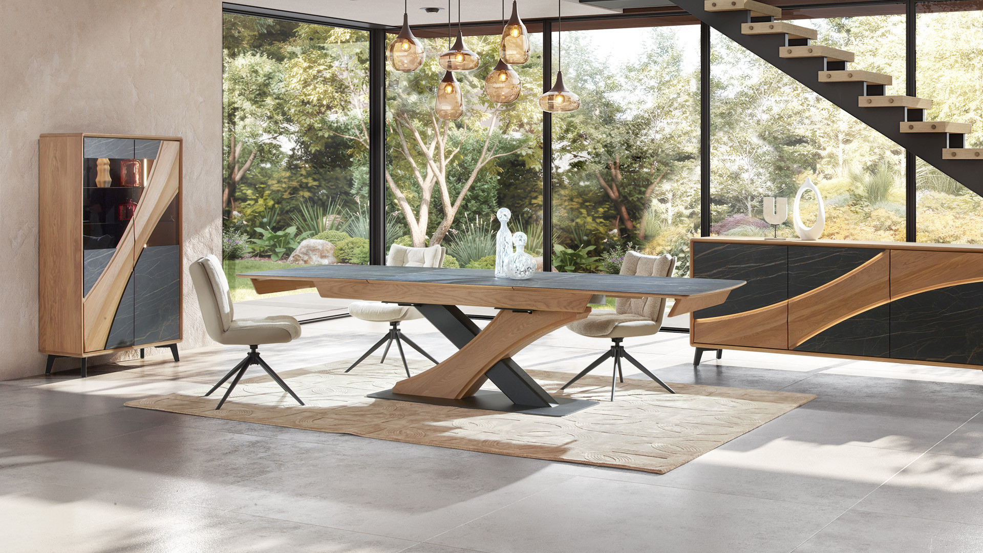 Table extensible CANYON  Plateau céramique marbrée et chaleur du chêne
