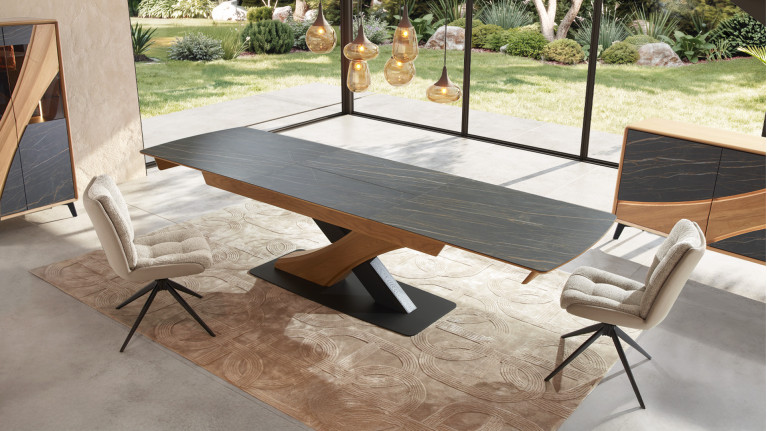 Table extensible CANYON  Plateau céramique marbrée et chaleur du chêne