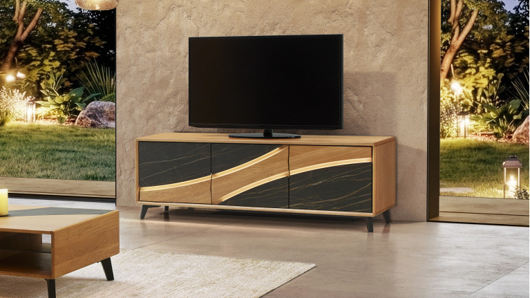 Meuble TV 3 portes CANYON | Bois et céramique marbrée