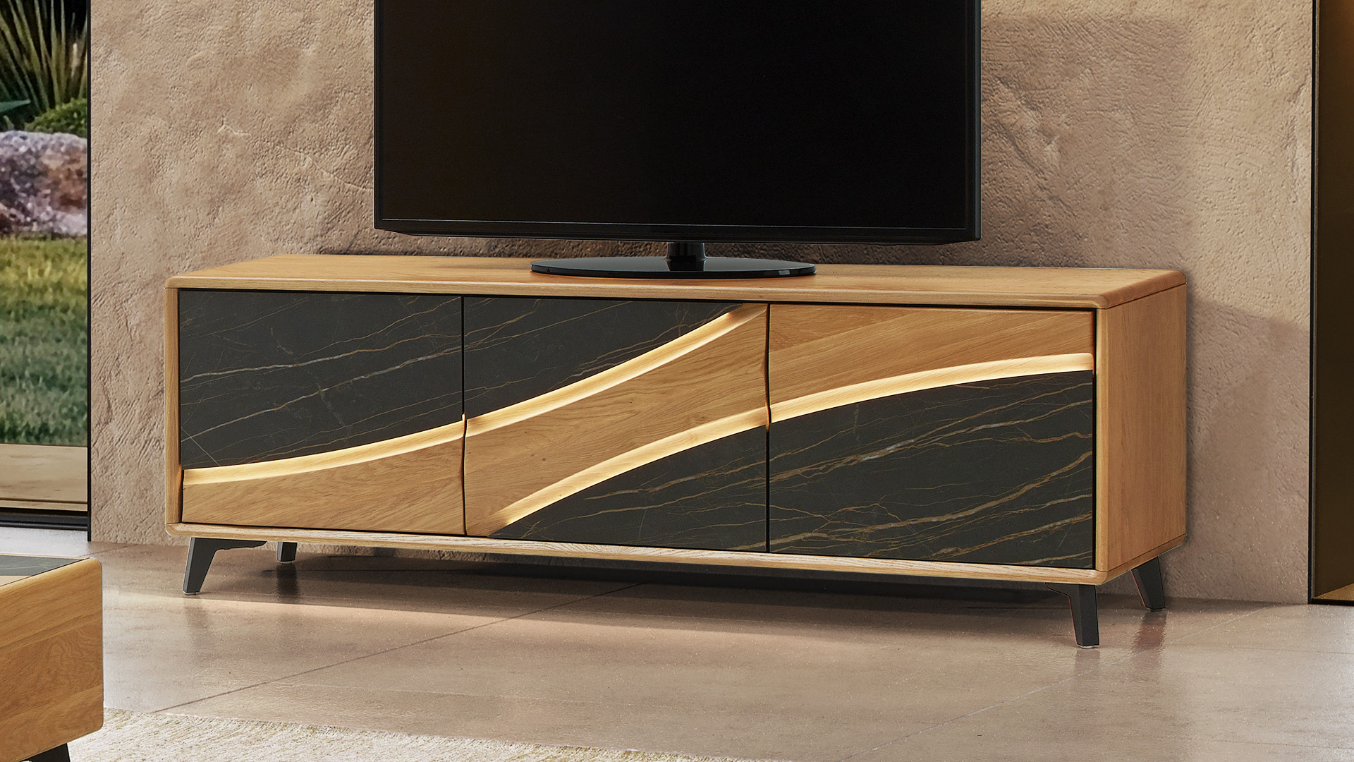 Meuble TV 3 portes CANYON | Bois et céramique marbrée