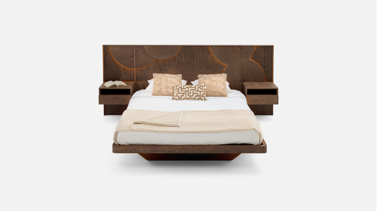 Lit NEO EQUINOXE – Tête de lit rondins, chevets attenants, LED option
