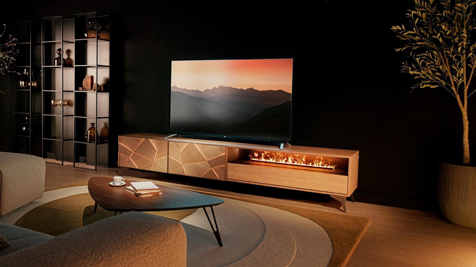 Meuble TV avec cheminée à vapeur ECLIPSE, placage chêne