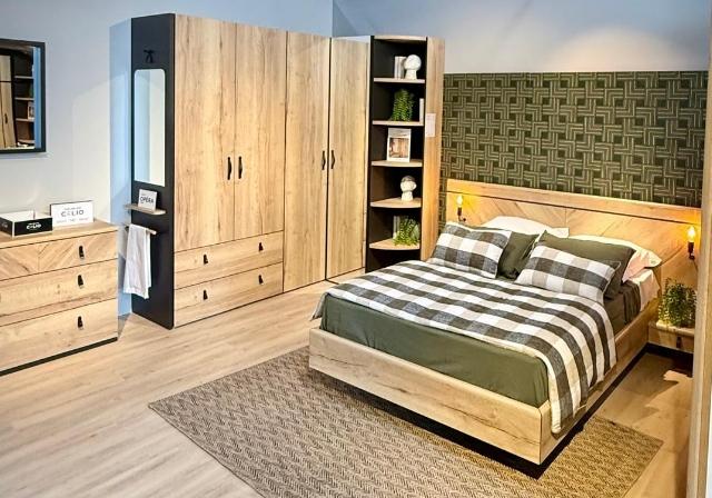 Chambre complète en bois clair et textile vert – collection présentée à Strasbourg Lampertheim Mobilier de France