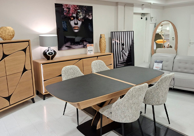 Table à manger rectangulaire bois et céramique avec chaises tissu, buffet assorti – Mobilier de France Annecy